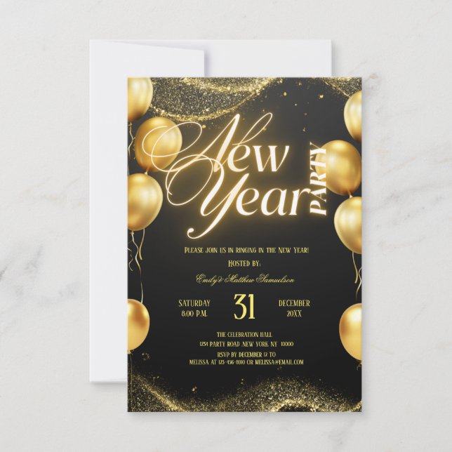 Invitación Fiesta de Año Nuevo con Globos de Oro Elegantes (Anverso)