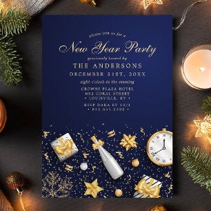 Invitación Fiesta de Año Nuevo Confeti de Champagne Azul Mari