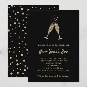 Invitación Fiesta de Año Nuevo Confetti de oro falso en negr