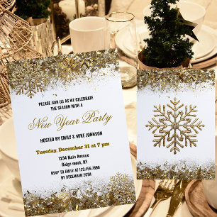 Invitación Fiesta de Año Nuevo copo de nieve brillo dorado el