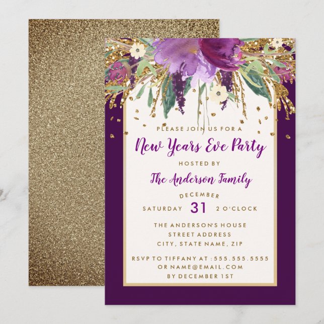 Invitación Fiesta de Año Nuevo de Ametismo Floral Morado (Anverso / Reverso)