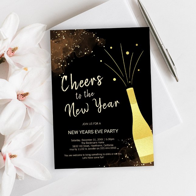 Invitación Fiesta de Año Nuevo de Champán Dorado Elegante (Elegant Gold Champagne New Year Party Invitation)
