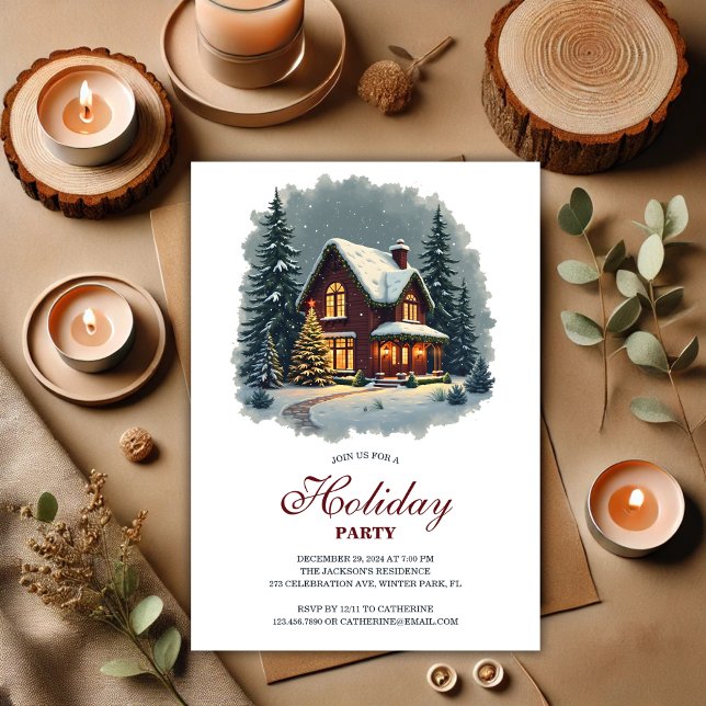 Invitación Fiesta de Año Nuevo de la Casa de Invierno Waterco (Watercolor Winter House New Year Holiday Party Invitation)