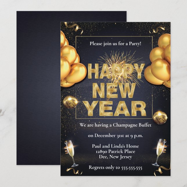 Invitación Fiesta de Año Nuevo de los Globos de Oro y Negro (Anverso / Reverso)