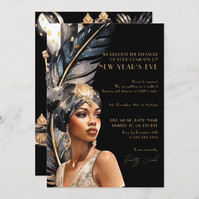 Invitación Fiesta de Año Nuevo de Luxury Black Gold Retro 192 (Anverso / Reverso)