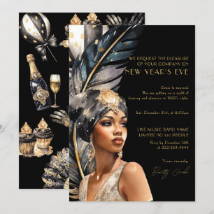 Invitación Fiesta de Año Nuevo de Luxury Black Gold Retro 192
