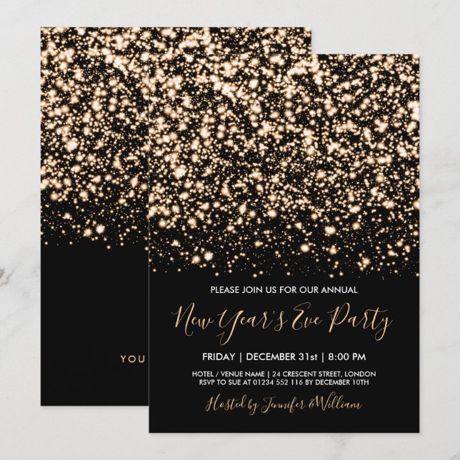 Invitación Fiesta de Año Nuevo de oro y glam negro (Anverso / Reverso)