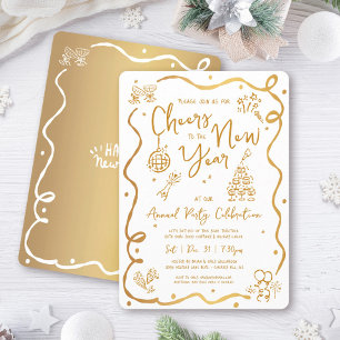 Invitación Fiesta de Año Nuevo Dorado Blanco Dibujo a Mano