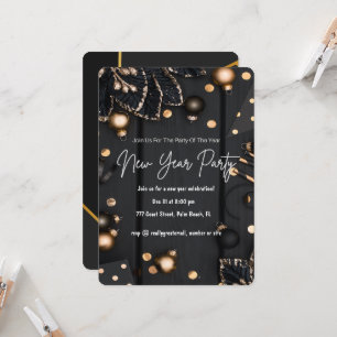 Invitación Fiesta de Año Nuevo Dorado Negro Elegante Personal