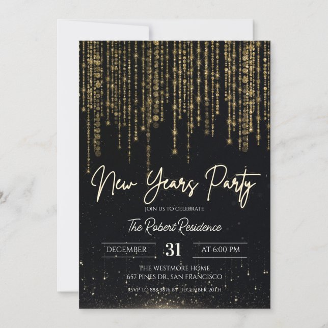 Invitación Fiesta de Año Nuevo elegante  (Anverso)