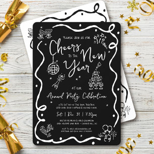 Invitación Fiesta de Año Nuevo en Blanco y Negro con Boceto D