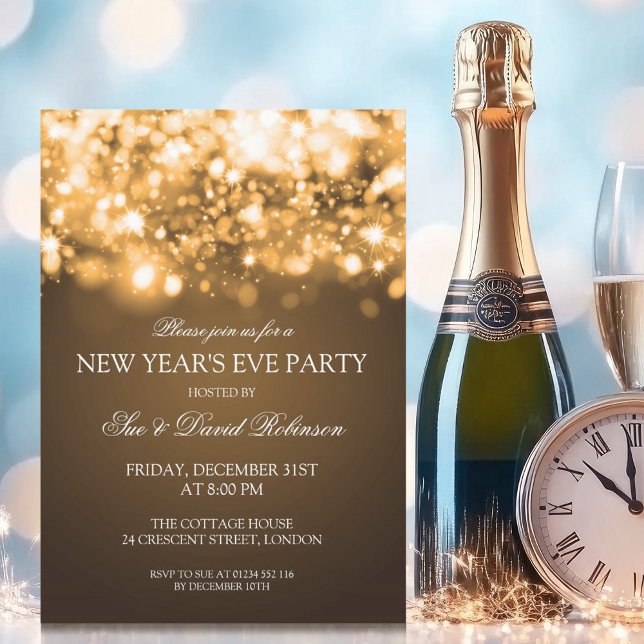 Invitación Fiesta de Año Nuevo Esparkling Lights Gold (New Years Eve Party Sparkling Lights Gold Invitation)