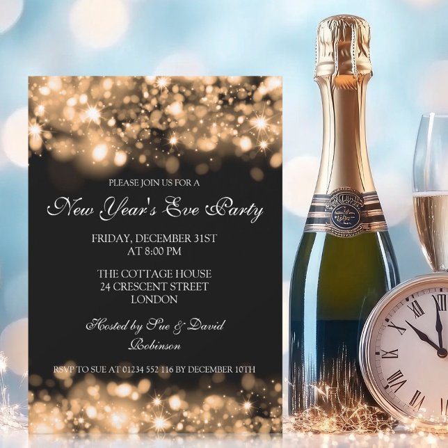 Invitación Fiesta de Año Nuevo Esparkling Lights Gold (New Years Eve Party Sparkling Lights Gold Invitation)