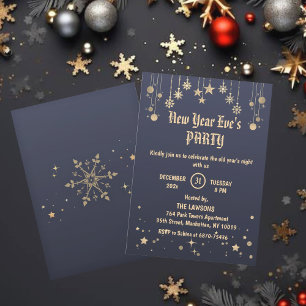 Invitación Fiesta de Año Nuevo Estrellas y Copos de Nieve Gri