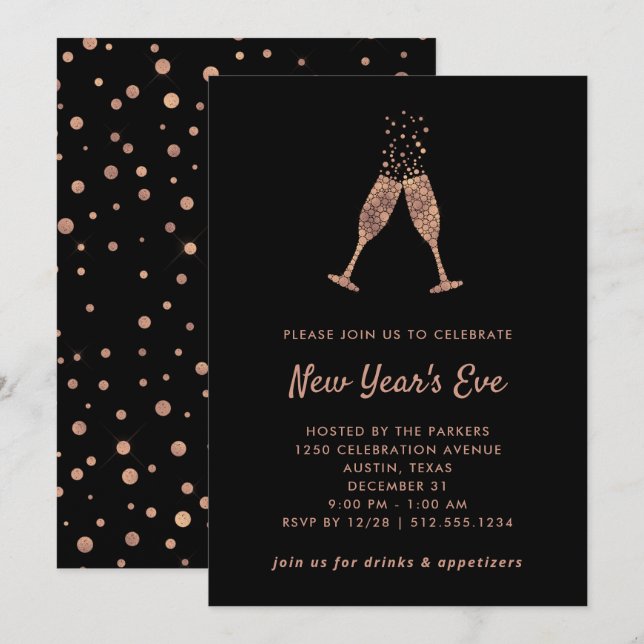 Invitación Fiesta de Año Nuevo| Faux Rosa Gold Confetti (Anverso / Reverso)
