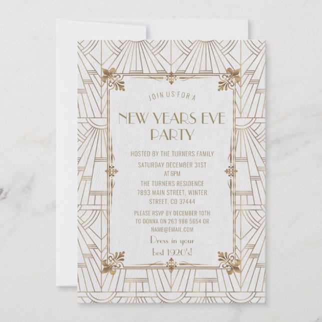 Invitación Fiesta de Año Nuevo Fleur-de-Lis Gold Art Deco (Anverso)