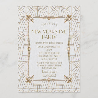 Invitación Fiesta de Año Nuevo Fleur-de-Lis Gold Art Deco
