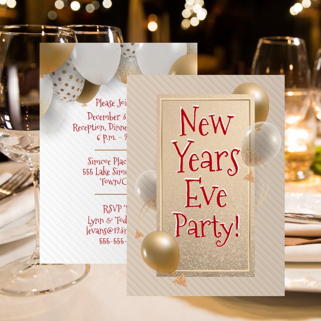 Invitación Fiesta de Año Nuevo - Globos dorados y blancos - R (New Years Eve Party With Gold and White Balloons Invitation)