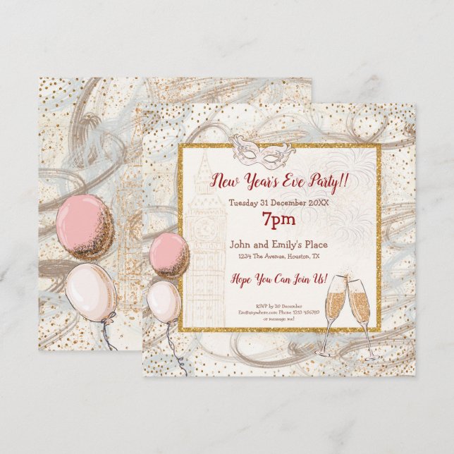 Invitación Fiesta de Año Nuevo Gold Confetti Champagne Glam (Anverso / Reverso)