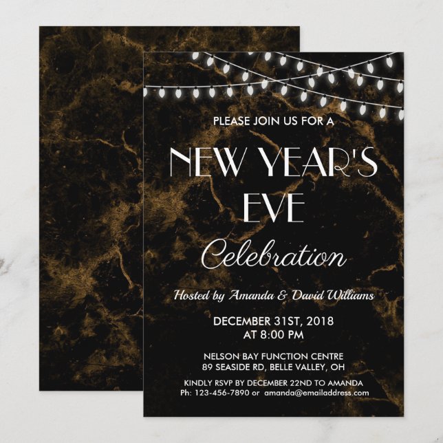 Invitación Fiesta de Año Nuevo ilumina mármol negro de oro (Anverso / Reverso)