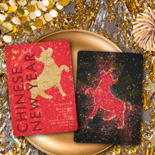 Invitación Fiesta de Año Nuevo Lunar del Buey con Brillo Rojo