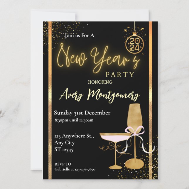 Invitación Fiesta de Año Nuevo moderna de oro negro elegante  (Anverso)