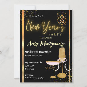 Invitación Fiesta de Año Nuevo Moderna de Oro Negro Elgante