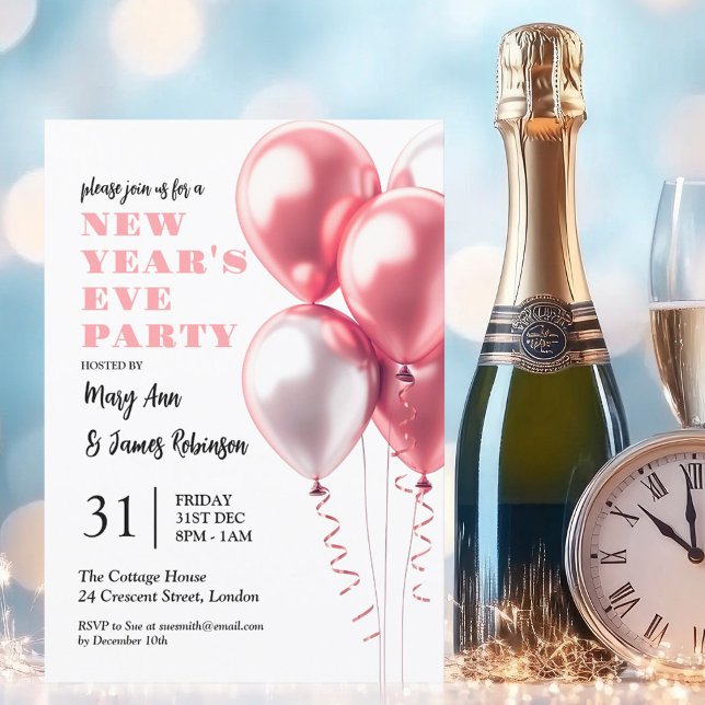 Invitación FIESTA de Año Nuevo MODERNO Rubor Globos rosados (MODERN New Years Eve Party Blush Pink Balloons Invitation)
