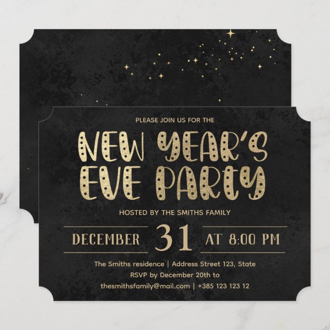 Invitación Fiesta de Año Nuevo Negro y Oro (Anverso / Reverso)