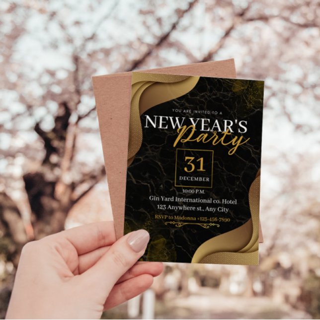 Invitación Fiesta DE AÑO NUEVO PERSONALIZADO ELEGANTE NEGRO Y (Elegant gold and black new year party invitations)