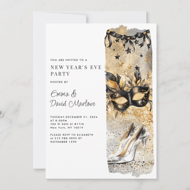 Invitación Fiesta de Año Nuevo Purpurina de Oro 2025 (Anverso)