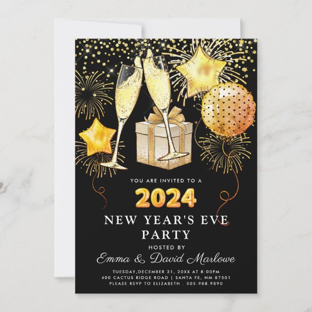 Invitación Fiesta de Año Nuevo Purpurina de oro en negro (Anverso)