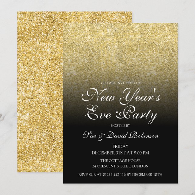 Invitación Fiesta de Año Nuevo Purpurina de oro negro (Anverso / Reverso)