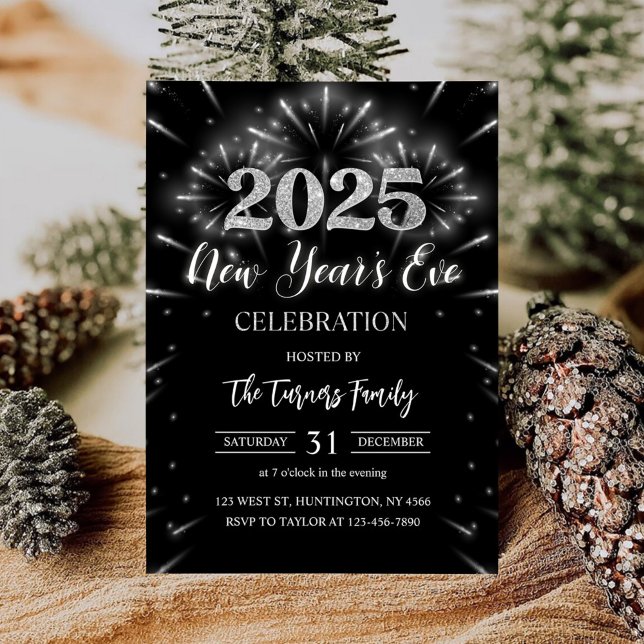 Invitación Fiesta de Año Nuevo Purpurina negro y plata (Subido por el creador)