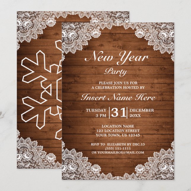 Invitación Fiesta de Año Nuevo Rustic Wood & White Lace (Anverso / Reverso)