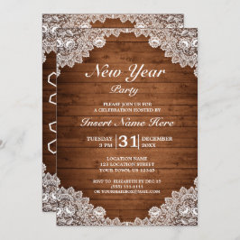 Invitación Fiesta de Año Nuevo Rustic Wood & White Lace