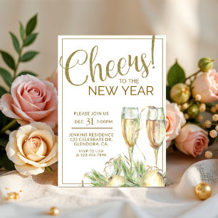 Invitación Fiesta de Año Nuevo, Salud, Oro, Elegante