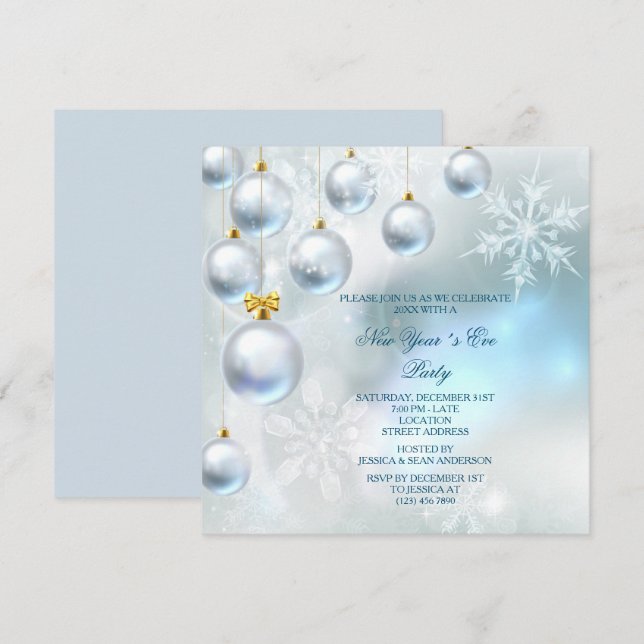 Invitación Fiesta de Año Nuevo Silver Baubles & Snowflakes (Anverso / Reverso)