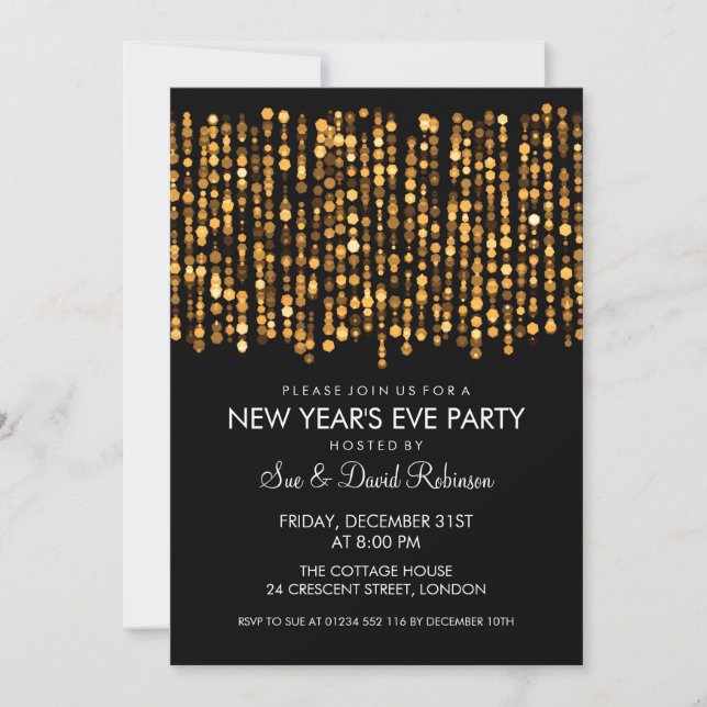 Invitación Fiesta de Año Nuevo Twinkling Lights Gold (Anverso)