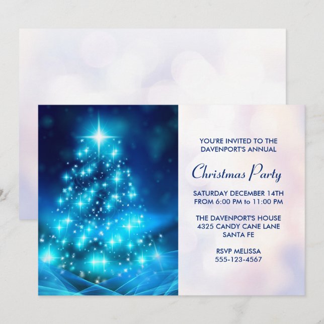 Invitación Fiesta de árbol de navidad azul eléctrico moderno (Anverso / Reverso)