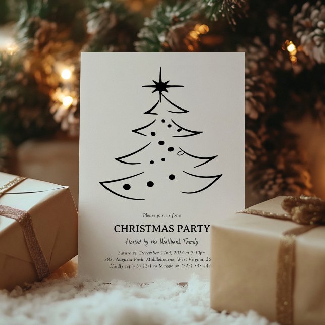 Invitación Fiesta de árbol de Navidad blanco y negro minimali (Subido por el creador)