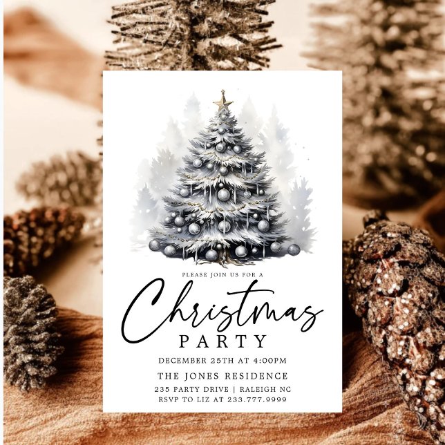 Invitación Fiesta de árbol de Navidad blanco y negro moderno (Subido por el creador)