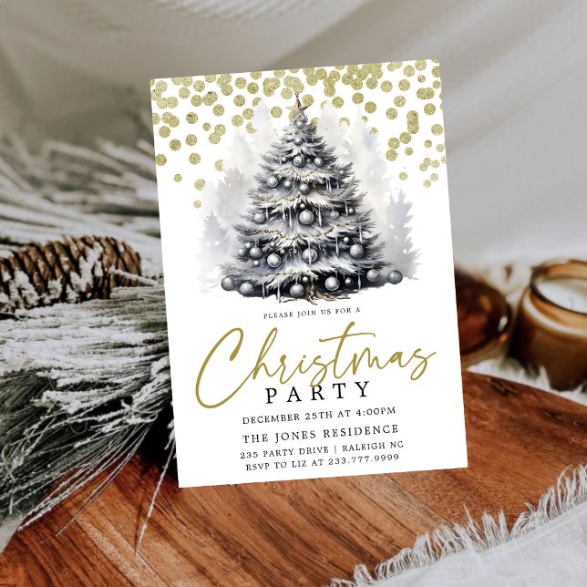 Invitación Fiesta de árbol de Navidad blanco y negro moderno (Subido por el creador)