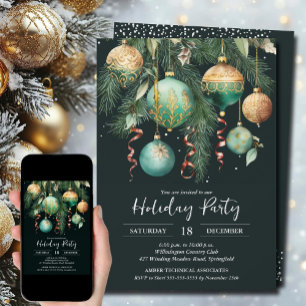 Invitación Fiesta de árbol de Navidad con adornos de oro