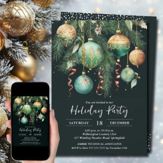 Invitación Fiesta de árbol de Navidad con adornos de oro