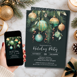 Invitación Fiesta de árbol de Navidad con adornos de oro