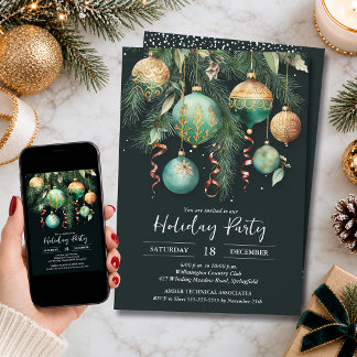 Invitación Fiesta de árbol de Navidad con adornos de oro