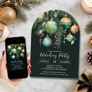 Invitación Fiesta de árbol de Navidad con adornos de oro