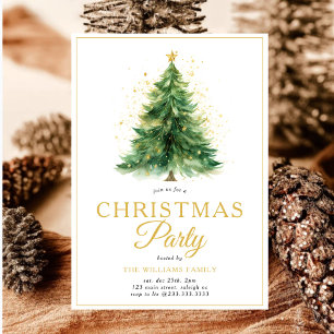 Invitación Fiesta de árbol de navidad con guión de oro modern