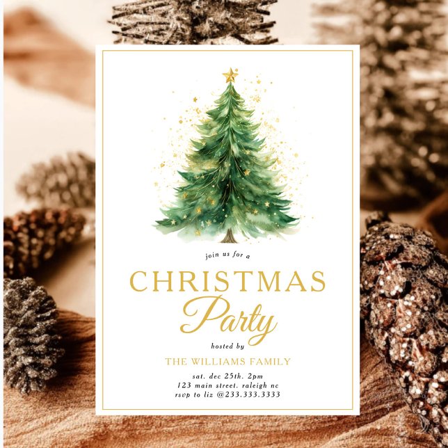 Invitación Fiesta de árbol de navidad con guión de oro modern (Subido por el creador)